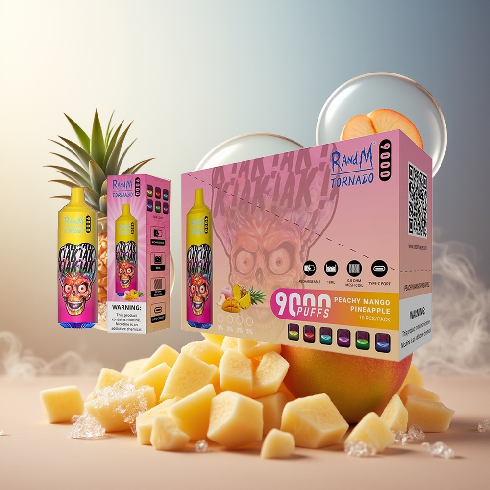 Partihandel Sverige RandM Fumot Tornado 9000 Puffs 850mAh 18mL Mesh Persika Mango Ananas RGB
