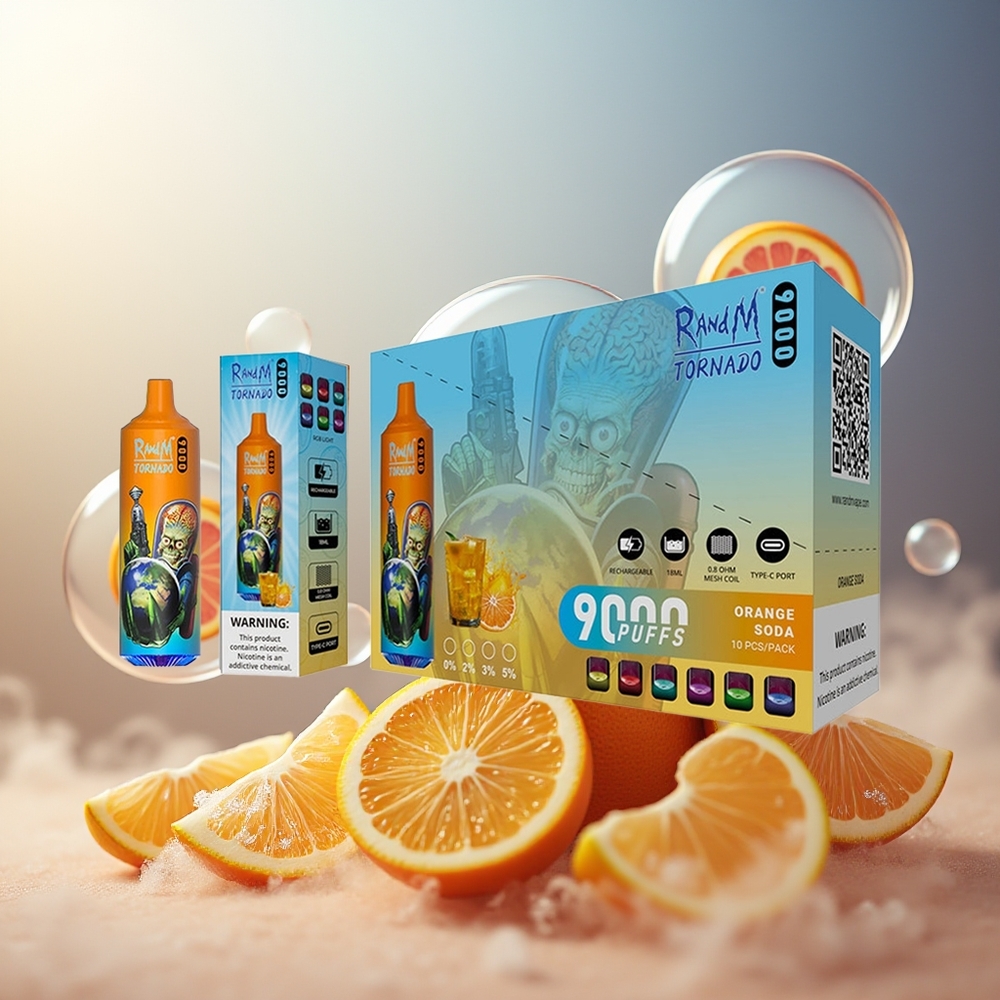 Partihandel Sverige RandM Fumot Tornado 9000 Puffs 850mAh 18mL Mesh RGB 54 Smaker Apelsinsoda