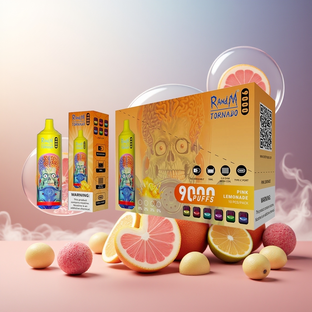 Partihandel Sverige RandM Fumot Tornado 9000 Puffs 850mAh 18mL Mesh RGB Display Rosa Citron