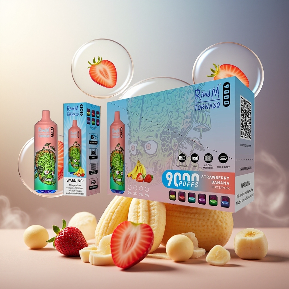 Partihandel Sverige RandM Fumot Tornado 9000 Puffs 850mAh 18mL Mesh RGB Jordgubb Banan