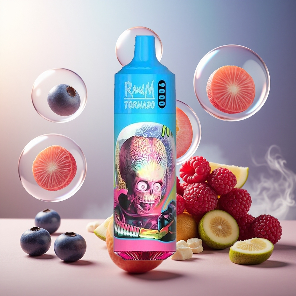 Partihandel Sverige RandM Fumot Tornado 9000 Puffs Blåbär Sur Hallon 18mL Mesh RGB 54 Smaker