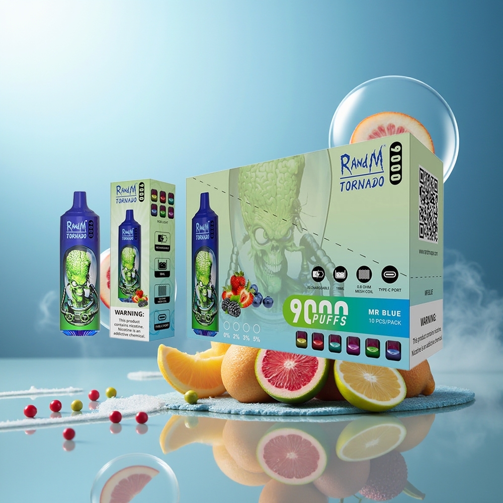 Partihandel Sverige RandM Fumot Tornado 9000 Puffs Herr Blå 850mAh 18mL Mesh Coil RGB 54 Smaker