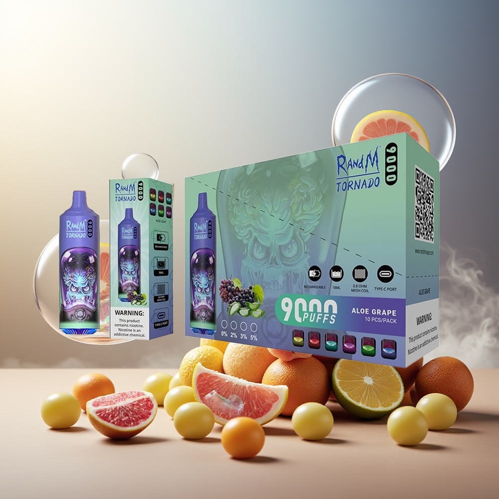 Partihandel Sverige RandM Fumot Tornado 9000 Puffs Mesh Coil Aloe Grape 54 Smaker