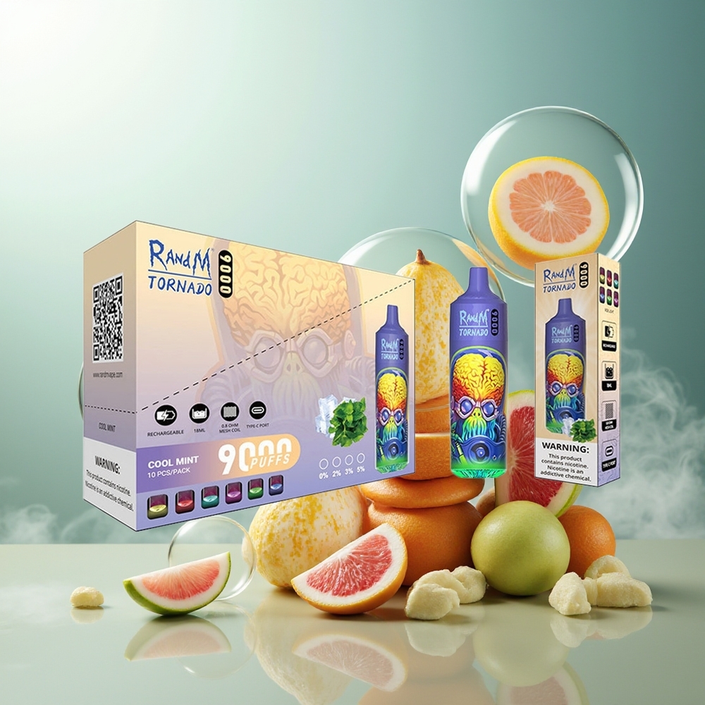 Partihandel Sverige RandM Fumot Tornado 9000 Puffs Sval Pepparmynta 850 mAh 18 mL Mesh RGB 54 Smaker