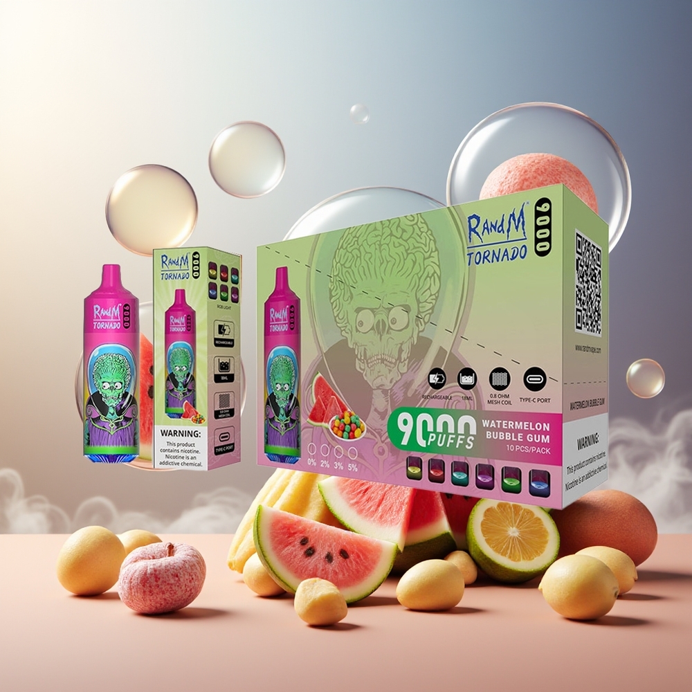 Partihandel Sverige RandM Fumot Tornado 9000 Puffs Återuppladdningsbar Vattenmelon Tuggummi 18 mL Mesh RGB 54 Smaker