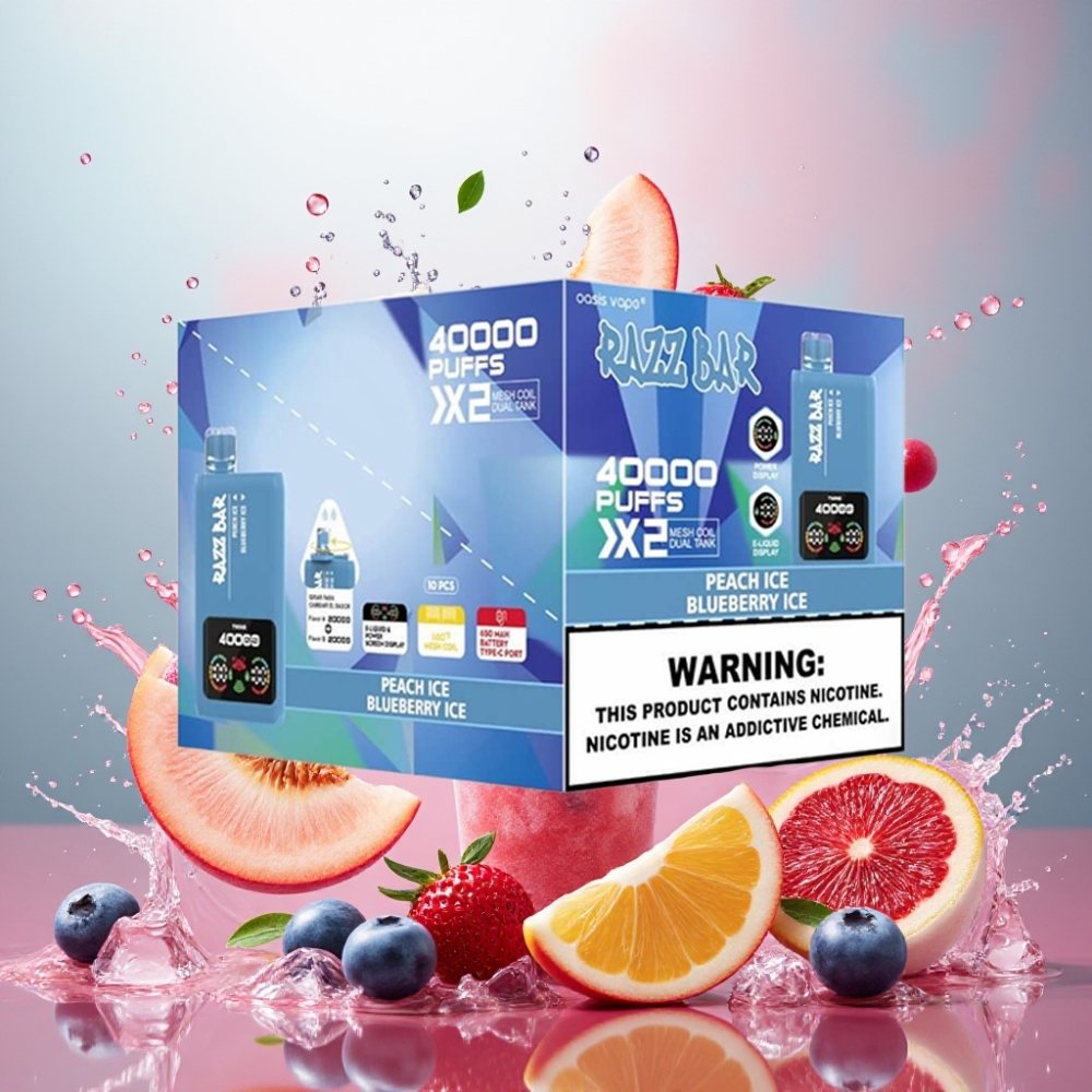 Partihandel Sverige Razz Bar 40000 Puffs 1.0Ω 2 Mesh Persika Is & Blåbär Is 5% Nikotin Type-C