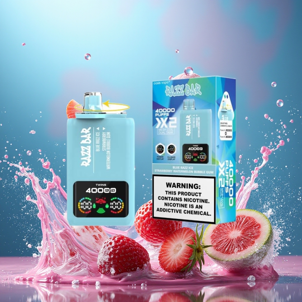 Partihandel Sverige Razz Bar 40000 Puffs Blå Hallon Is & Jordgubb Vattenmelon Tuggummi Power Skärm 1.0Ω 2 Mesh Coil 650 Mah Type-C 2% 5% Nicotin