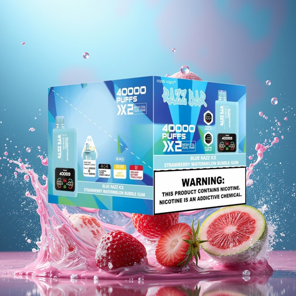 Partihandel Sverige Razz Bar 40000 Puffs Blå Hallon Is & Jordgubb Vattenmelon Tuggummi Power Skärm 1.0Ω 2 Mesh Coil 650 Mah Type-C 2% 5% Nicotin