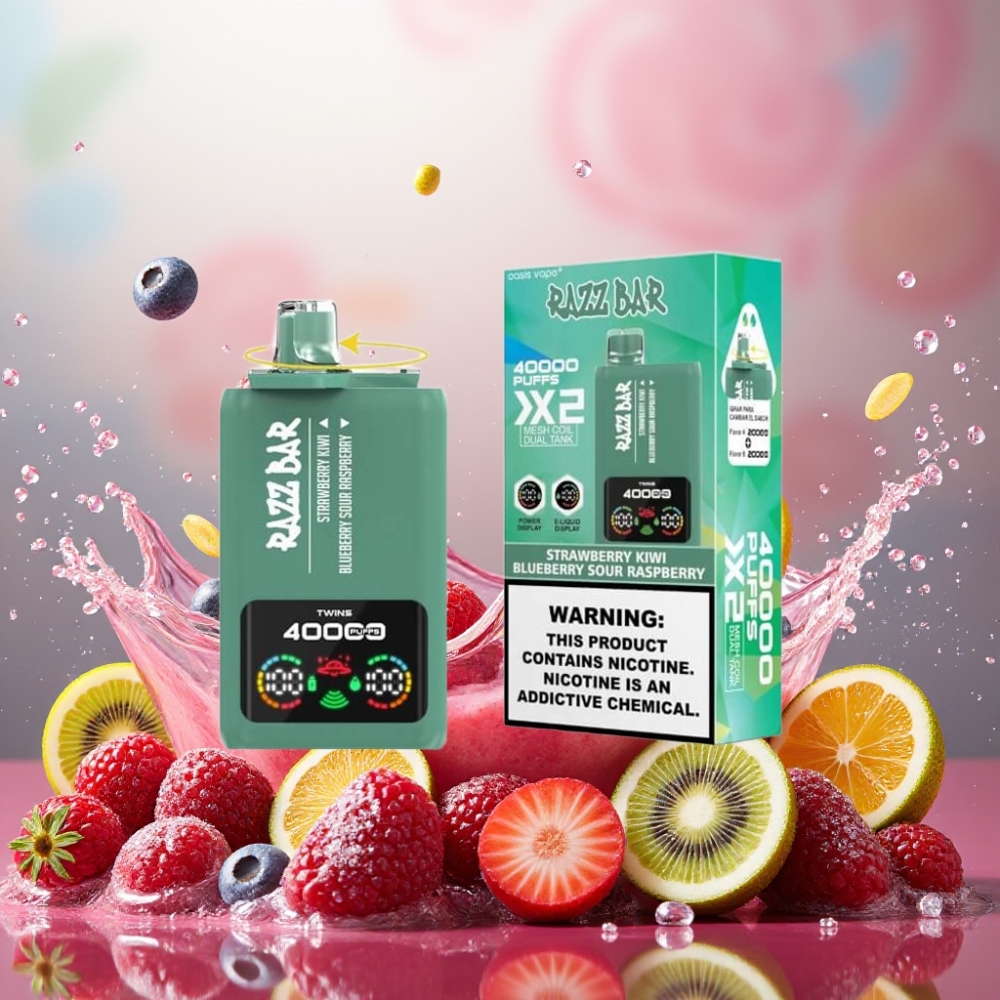 Partihandel Sverige Razz Bar 40000 Puffs Jordgubbe Kiwi & Blåbär Sur Hallon 1.0Ω 2 Mesh 650mAh Type-C 2%/5% Nic
