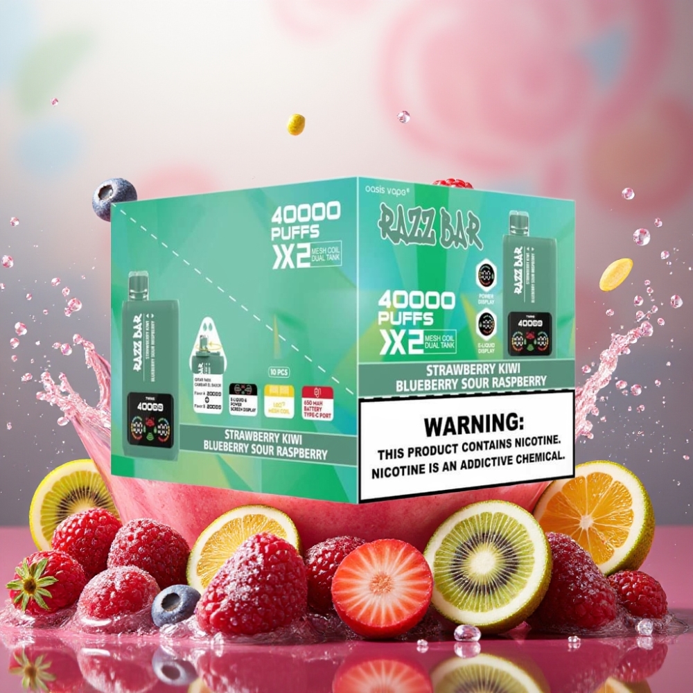 Partihandel Sverige Razz Bar 40000 Puffs Jordgubbe Kiwi & Blåbär Sur Hallon 1.0Ω 2 Mesh 650mAh Type-C 2%/5% Nic