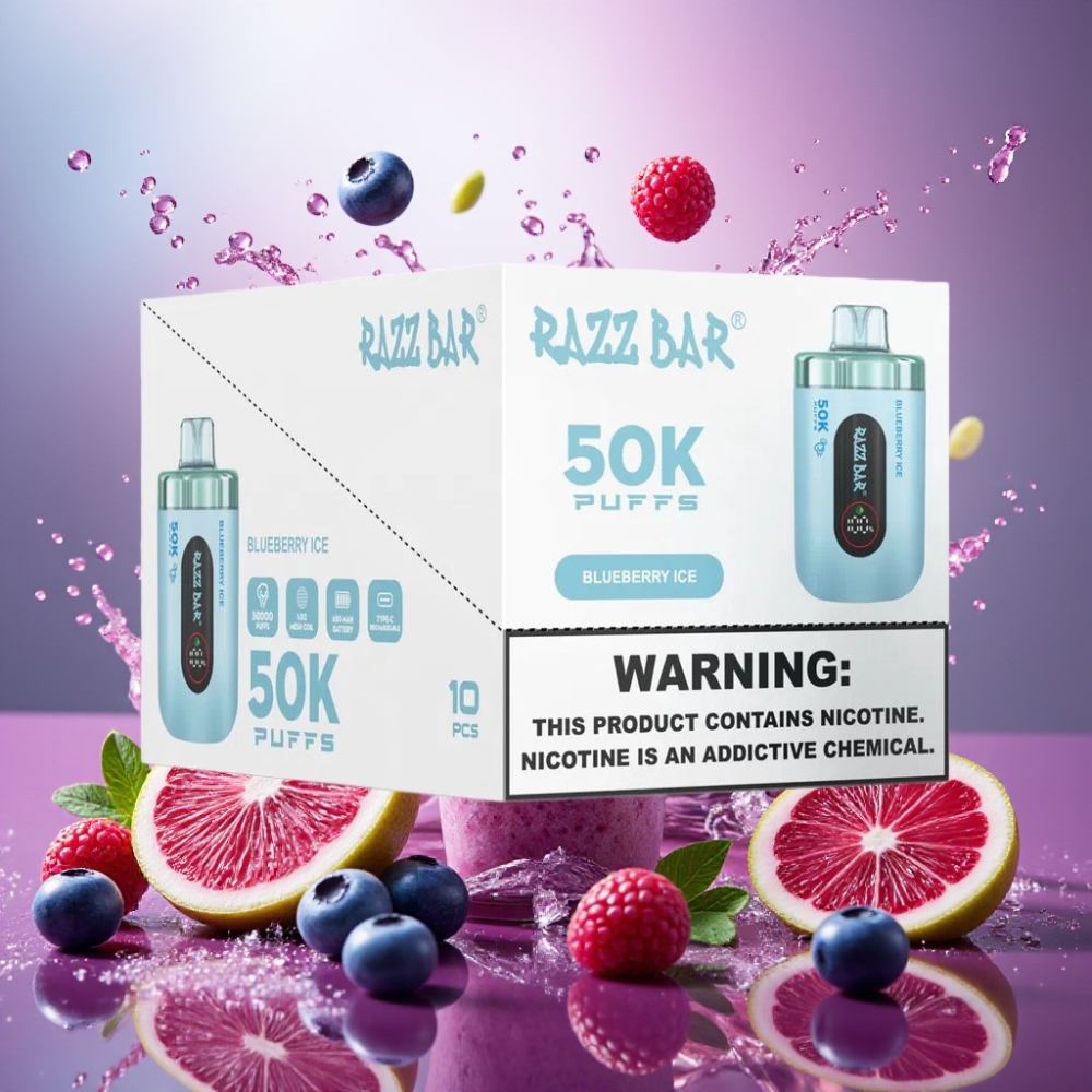 Partihandel Sverige Razz Bar 50K Blåbär Is 1.0 Ohm Mesh 650mAh Type-C 2% Nikotin