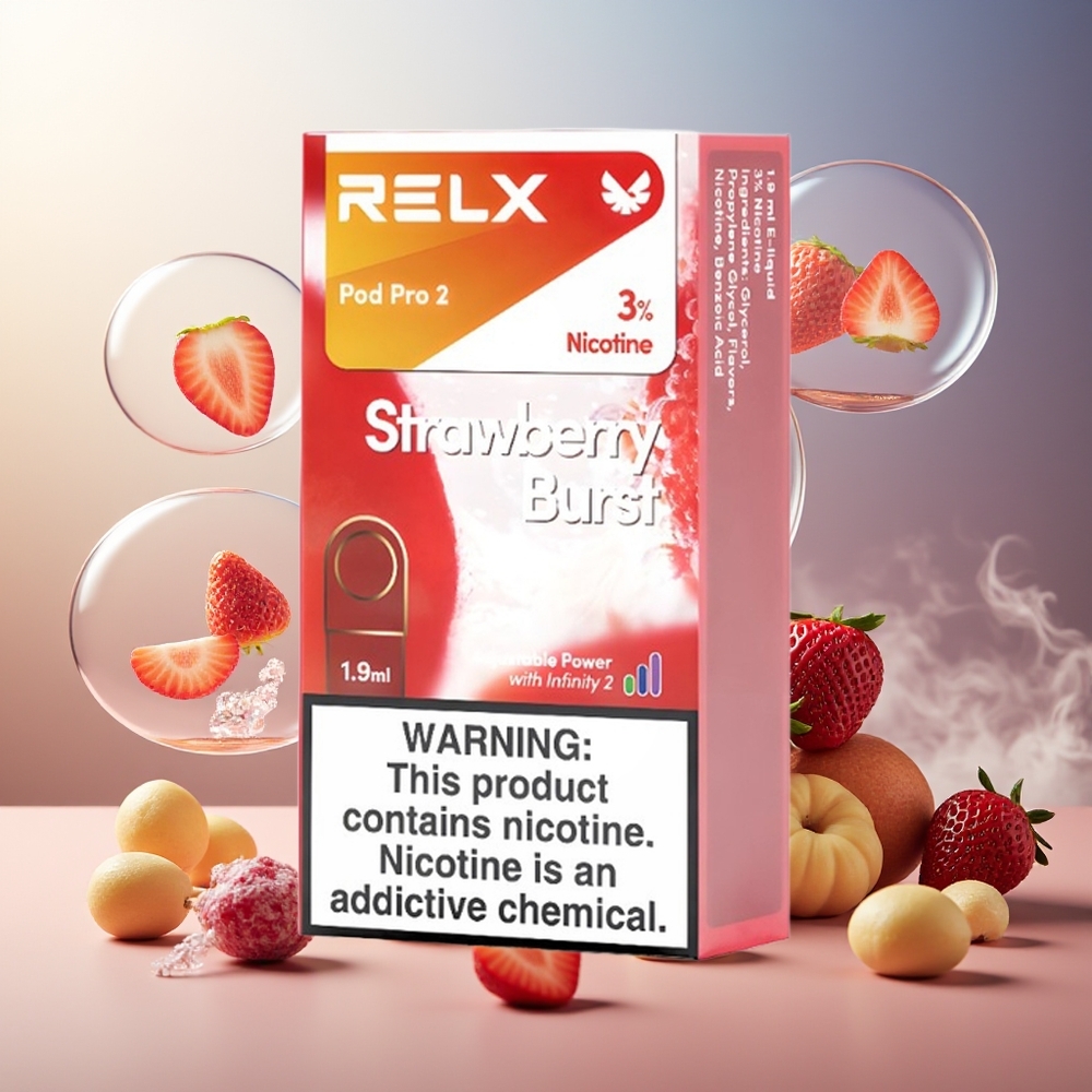 Partihandel Sverige RELX Pod Pro 2 600 puffar 1.9ml Jordgubbssmäll 3% 3 spänningslägen