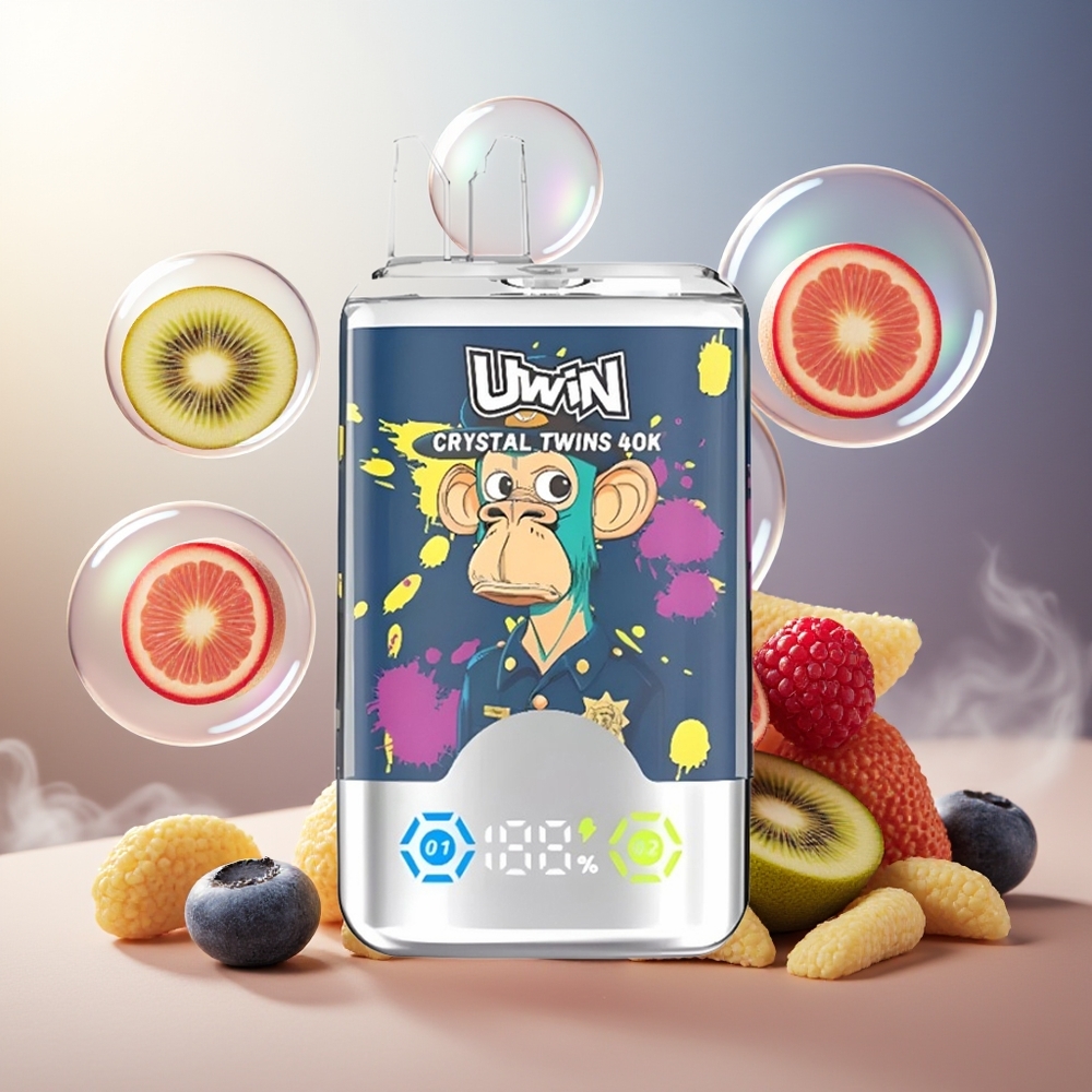 Partihandel Sverige UWIN Crystal Twins 40000 Puffs 2 Smaker 32ml Kiwi Passionsfrukt Guava Blåbär Hallon 850mAh Typ-C