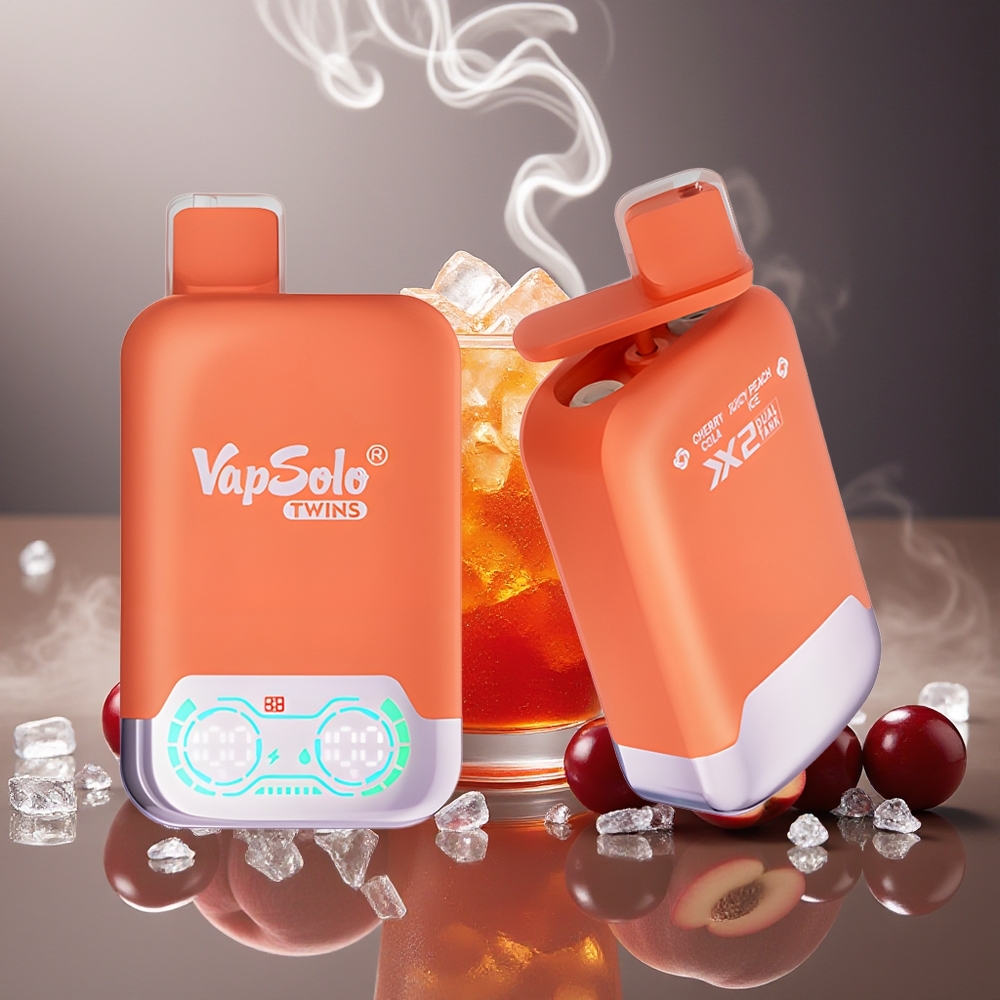 Partihandel Sverige Vapsolo Twins 20000 Puffs 40ml 2 Tankar Körsbärskola & Saftig Persika Is
