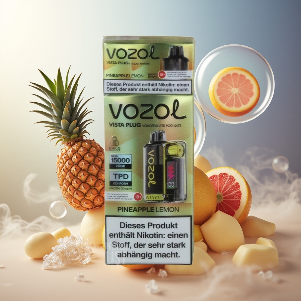 Partihandel Sverige VOZOL VISTA PLUG 6000/10000 Engångs Vape Ananas Citron 360° Smakfrihet 4-Nivå Effektkontroll Synlig E-Vätska 650mAh