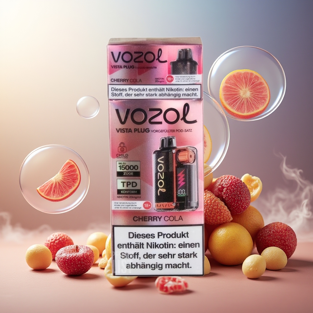 Partihandel Sverige VOZOL VISTA PLUG 6000/10000 Engångs Vape Körsbär Cola 26 Smaker 360° Smakfrihet 4-Nivå Wattreglering Synlig E-Vätska 650mAh